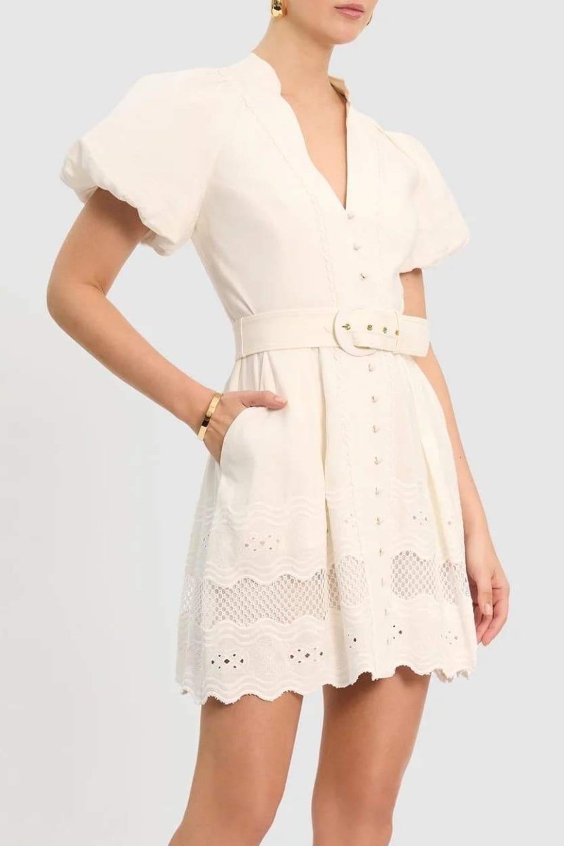 Laura Timeless Mini Dress with Embroidered V Neck Premium Wardrobe Essential