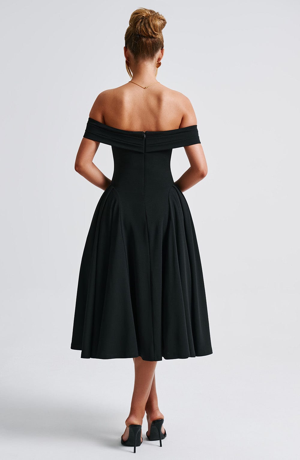 Off Shoulder Fold Over Neckline Basque Waist Full Skirt Midi Dress 4