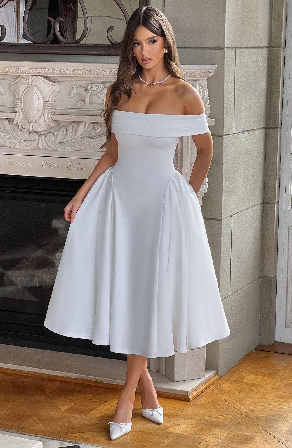 Mila Off Shoulder Pleated Midi Dress