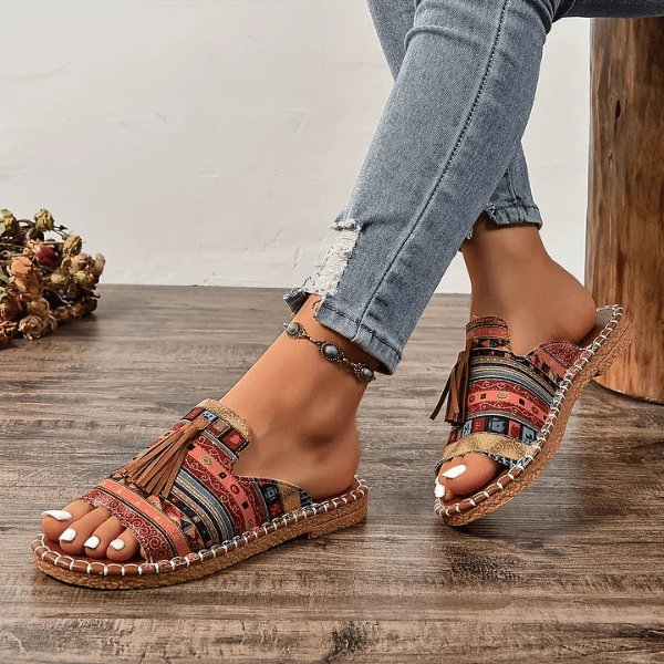 Tribal Print Tassel Toe Ring Flat Slide Sandals