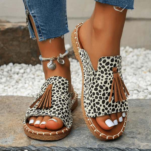 Tribal Print Tassel Toe Ring Flat Slide Sandals
