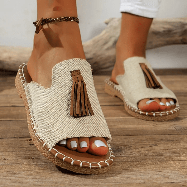 Tribal Print Tassel Toe Ring Flat Slide Sandals