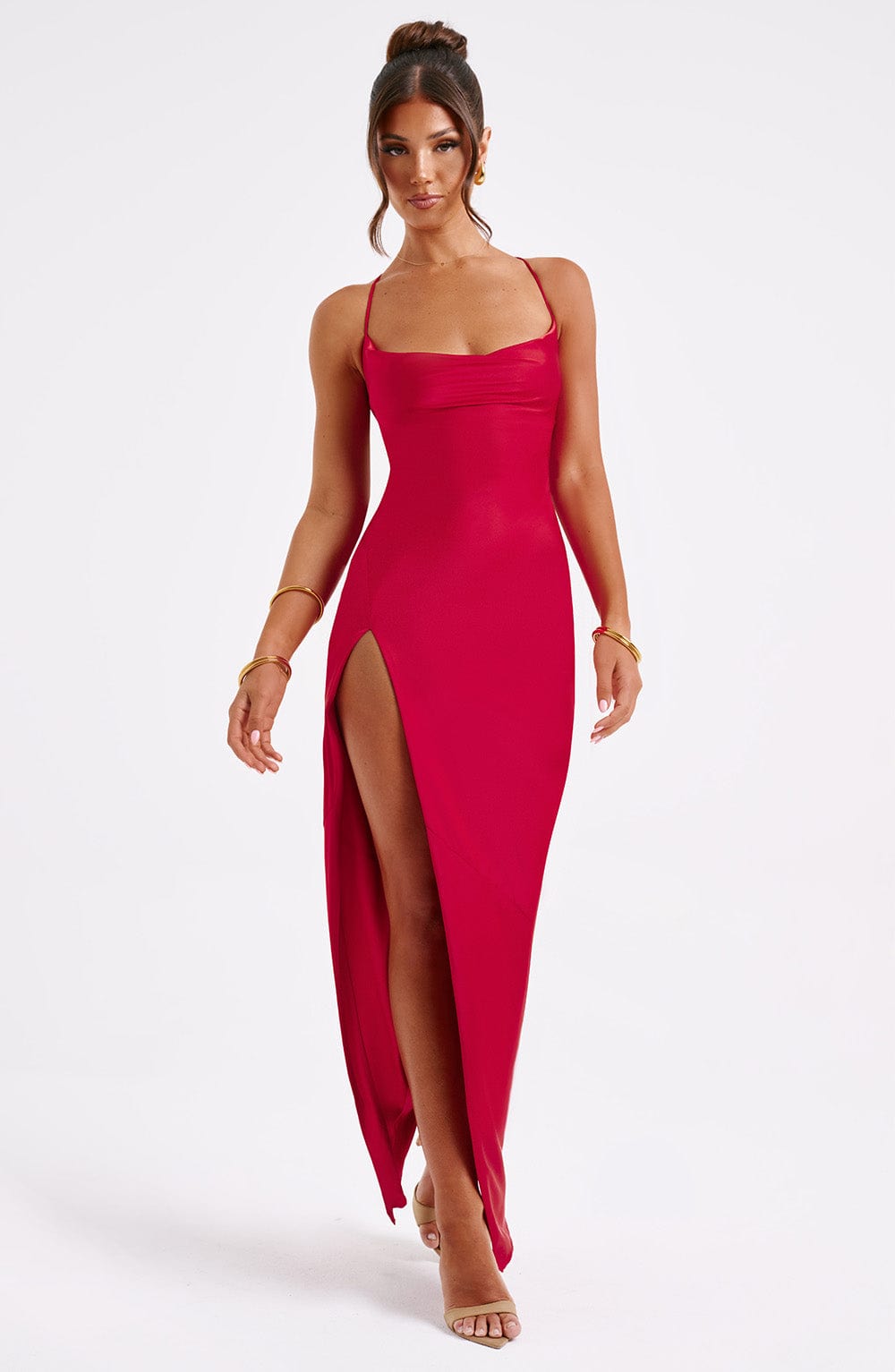 Cowl Neck Lace Up Back High Split Maxi Dress 4