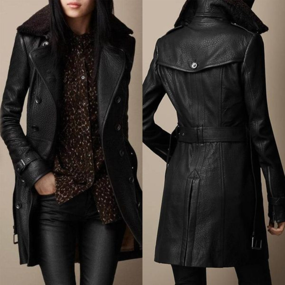 Faux Fur Collar Double Breasted Faux Leather Longline Coat 3