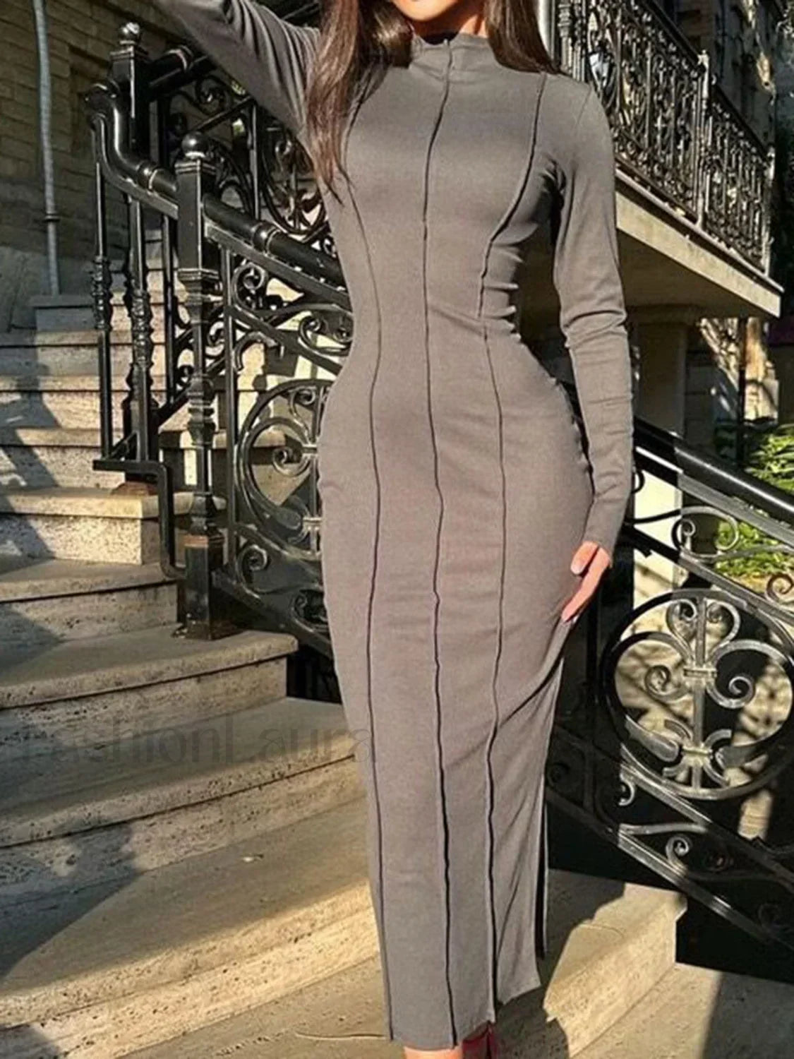 Mock Neck Piping Trendy Split Maxi Dress