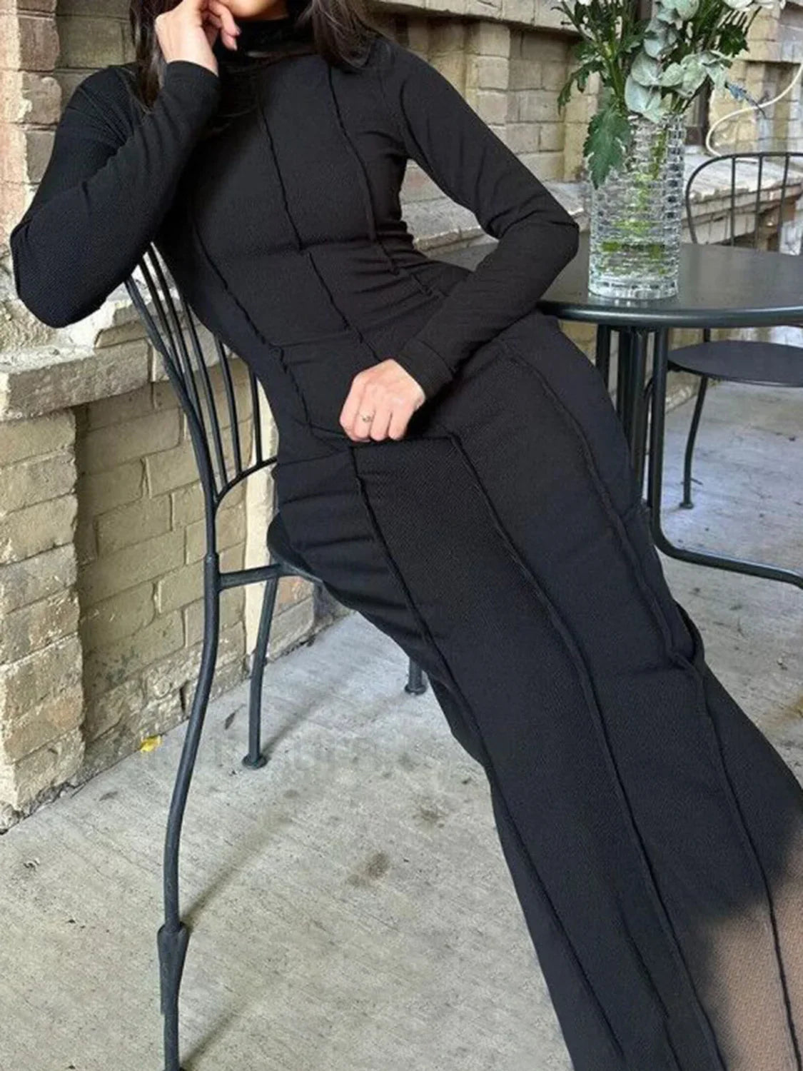 Mock Neck Piping Trendy Split Maxi Dress