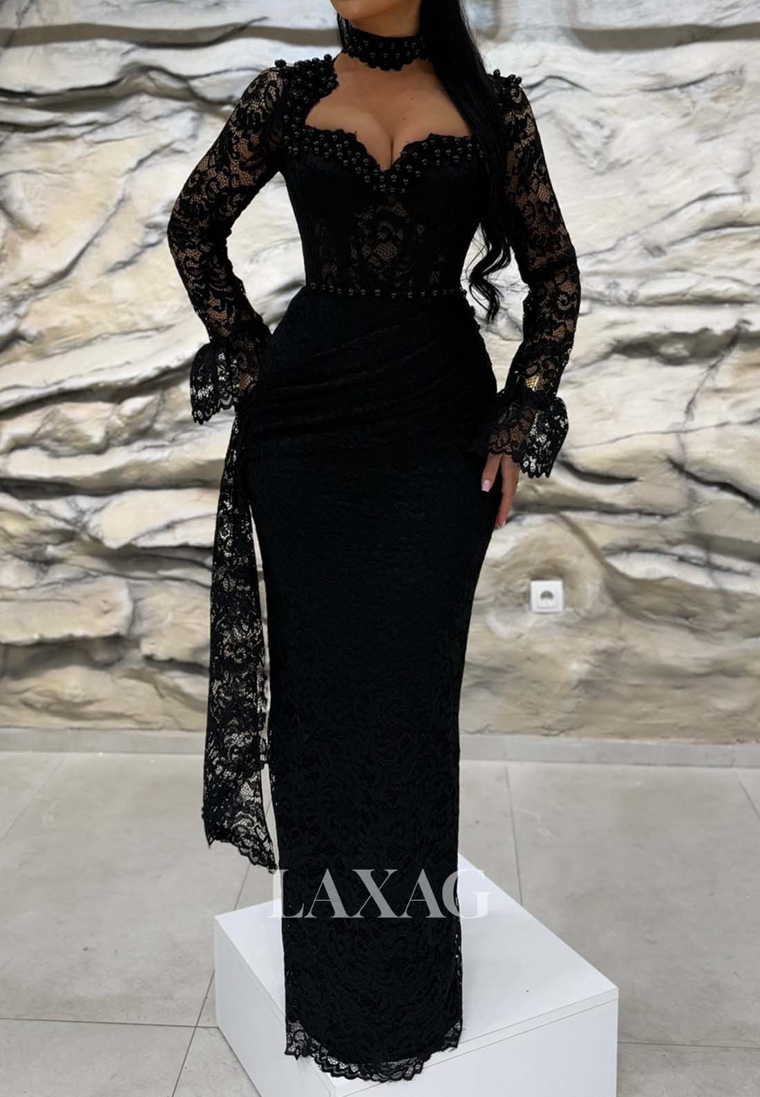 Sweetheart Long-Sleeves Pleated Mermaid Prom Dress Allover Lace Beaded Floor-Length Formal Gowns