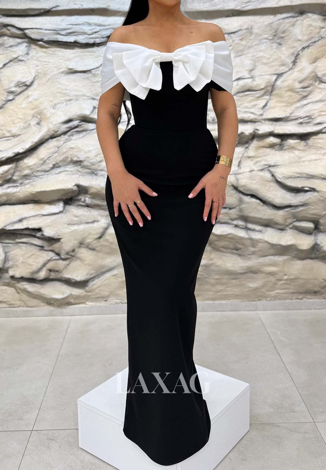 Off-Shoulder Sleeveless Bow Tube Top Pleated Floor-Length Mermaid Formal Evening Dress