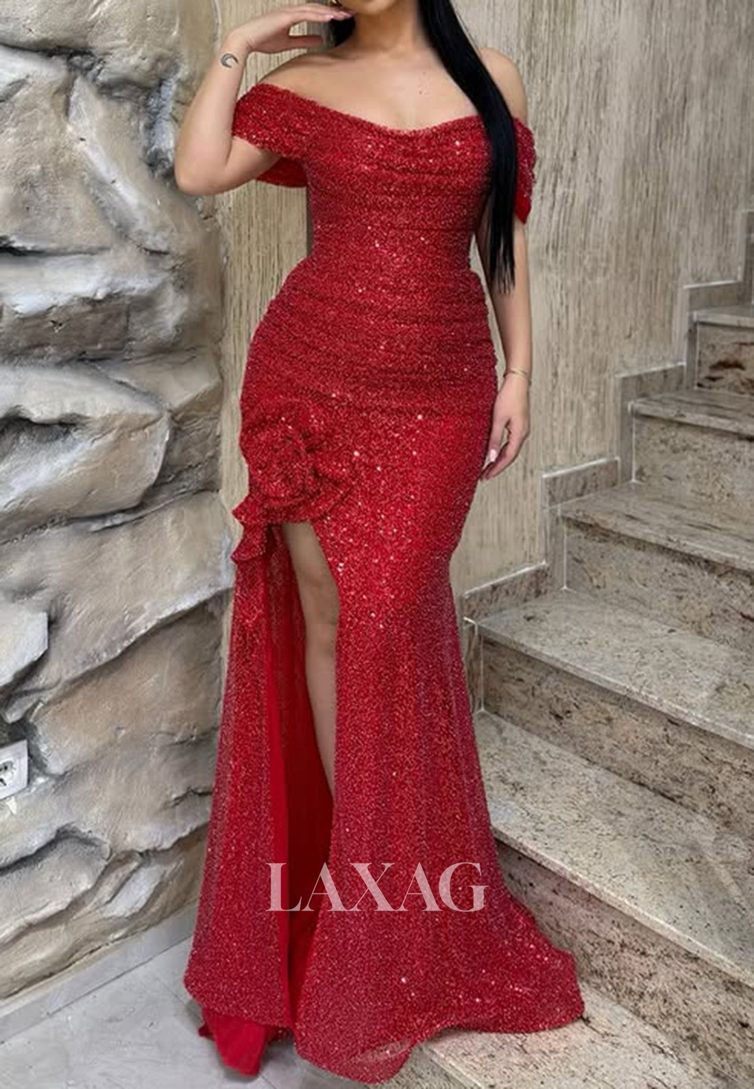Scoop-Neck Off-Shoulder Sleeveless Fully Sequined Beaded Pleated Mermaid Prom Dress with High Slit