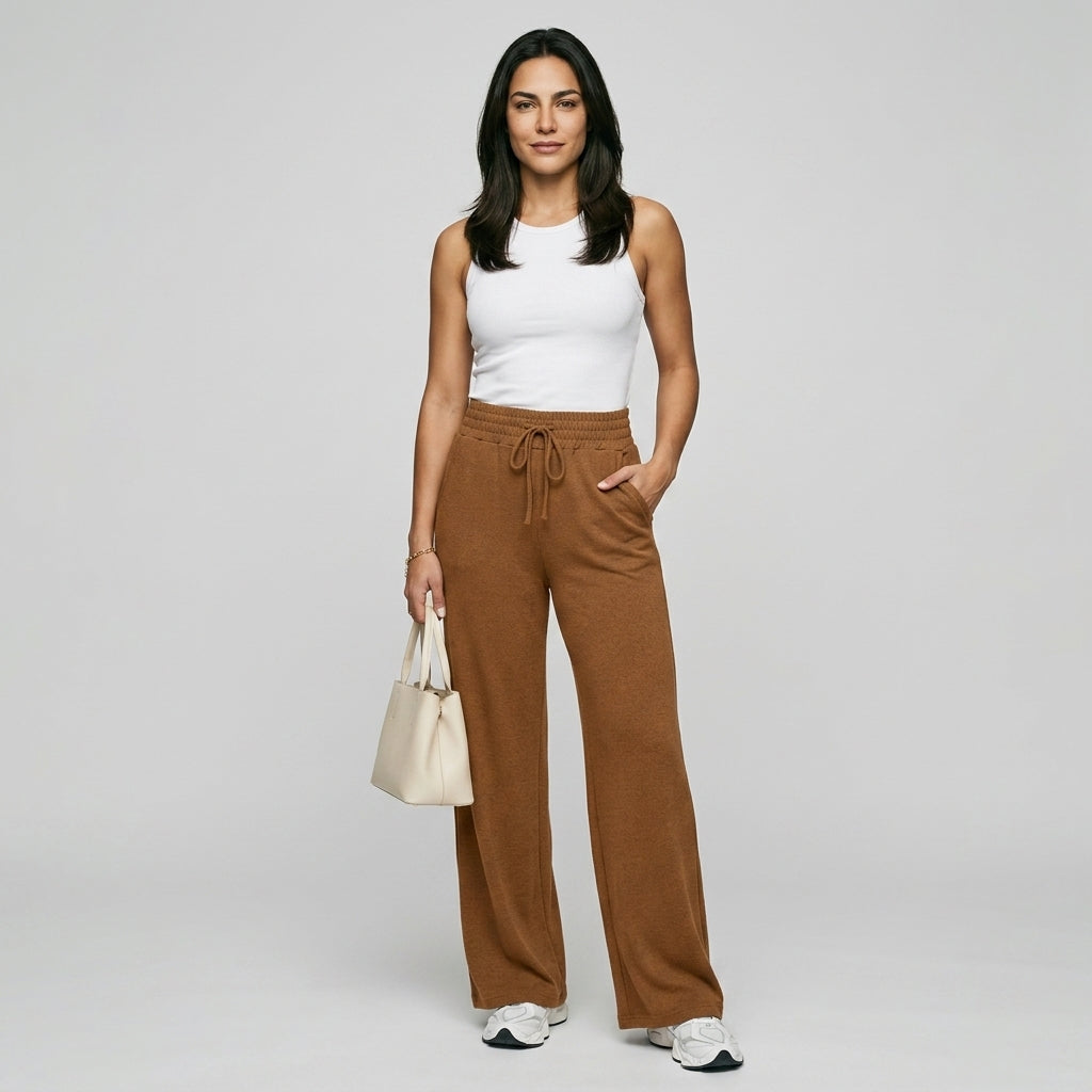 Wide Leg Pants Elastic Waist Polyester Elastane
