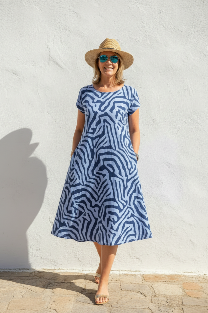 Animal Print Short Sleeve Pocket A-Line Midi Dress