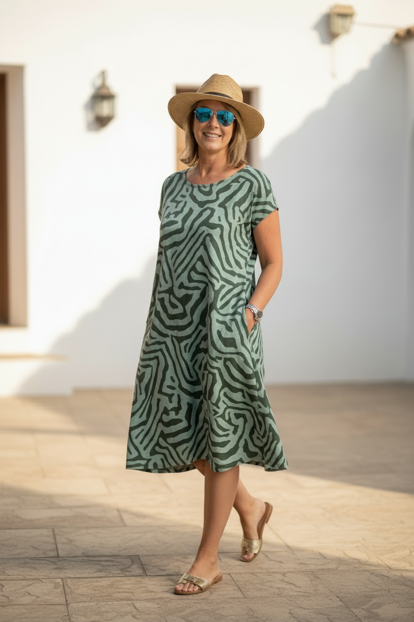 Animal Print Short Sleeve Pocket A-Line Midi Dress 9