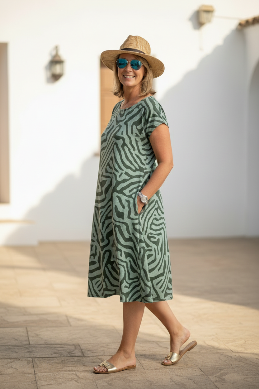 Animal Print Short Sleeve Pocket A-Line Midi Dress 8