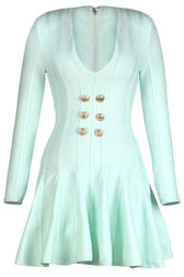 Modern Shoulder Pad Long Sleeve Ruffle Bandage Mini Dress - Lake Green 3