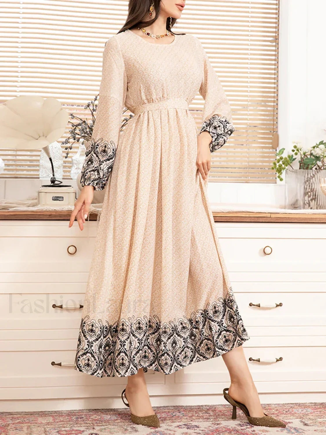Modest Round-Neck Midi Boho Dress