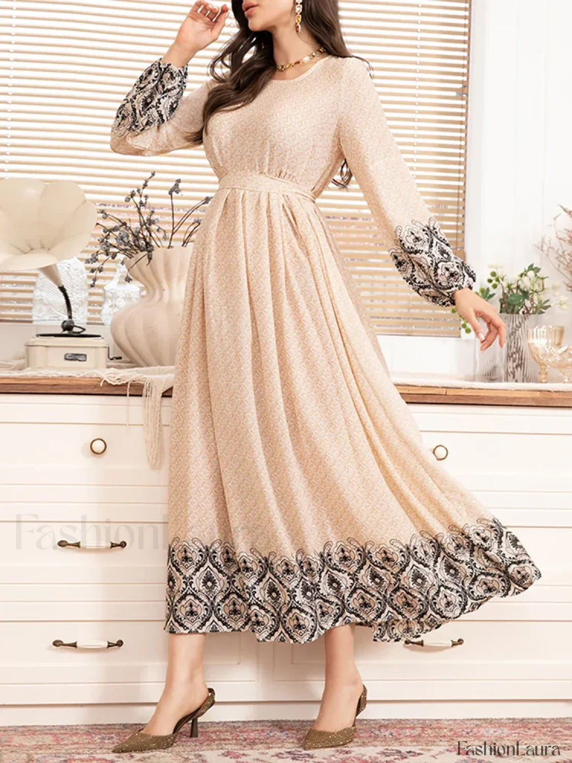 Modest Round-Neck Midi Boho Dress