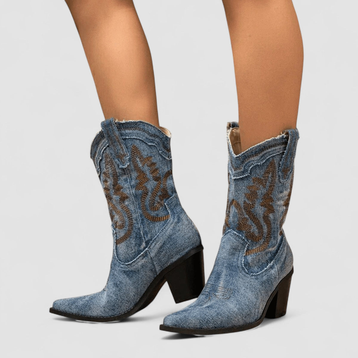 Embroidered Denim Pointed Toe Western Ankle Boots