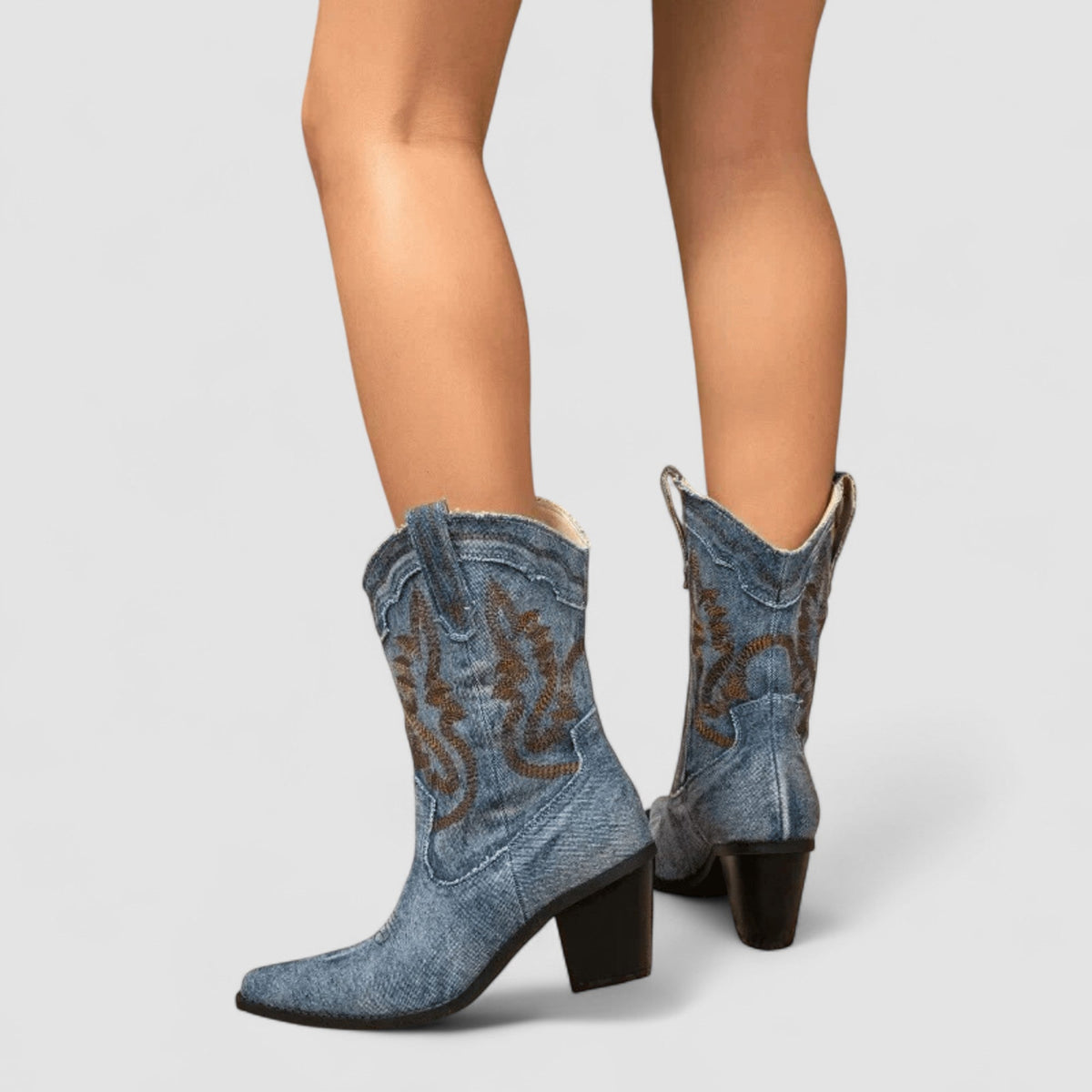 Embroidered Denim Pointed Toe Western Ankle Boots