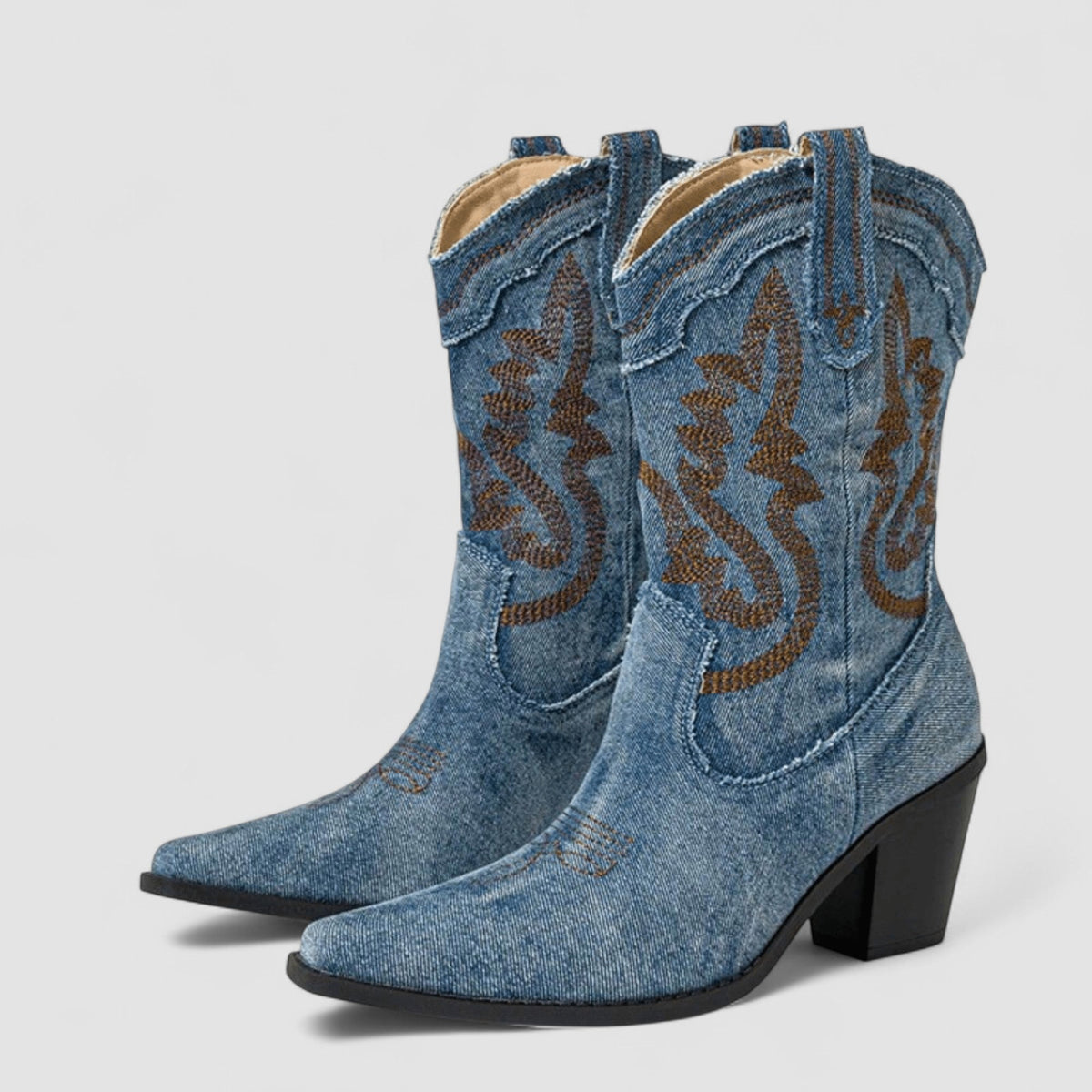 Embroidered Denim Pointed Toe Western Ankle Boots