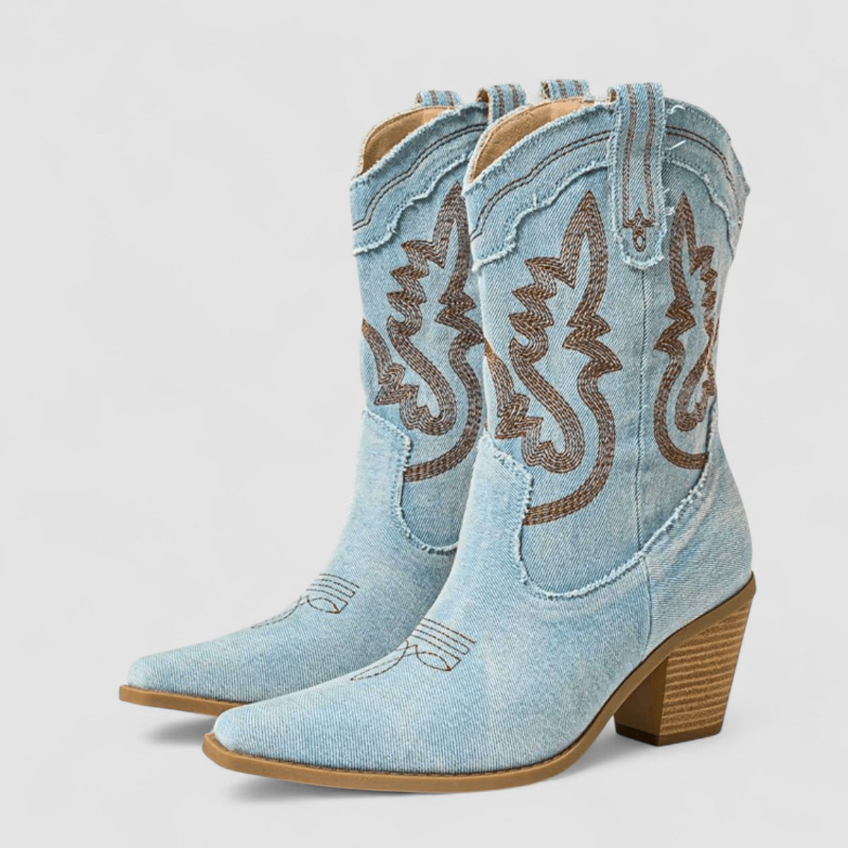 Embroidered Denim Pointed Toe Western Ankle Boots