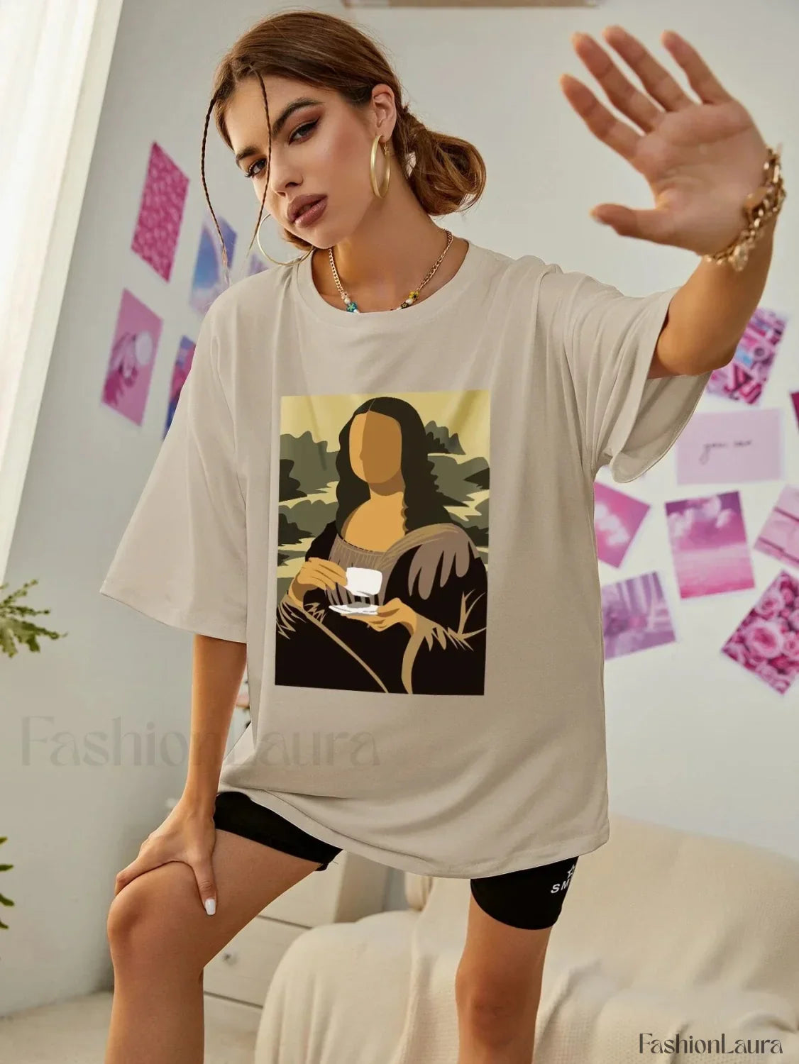 Mona Lisa Drinking Coffee Casual Hip Hop T-Shirt