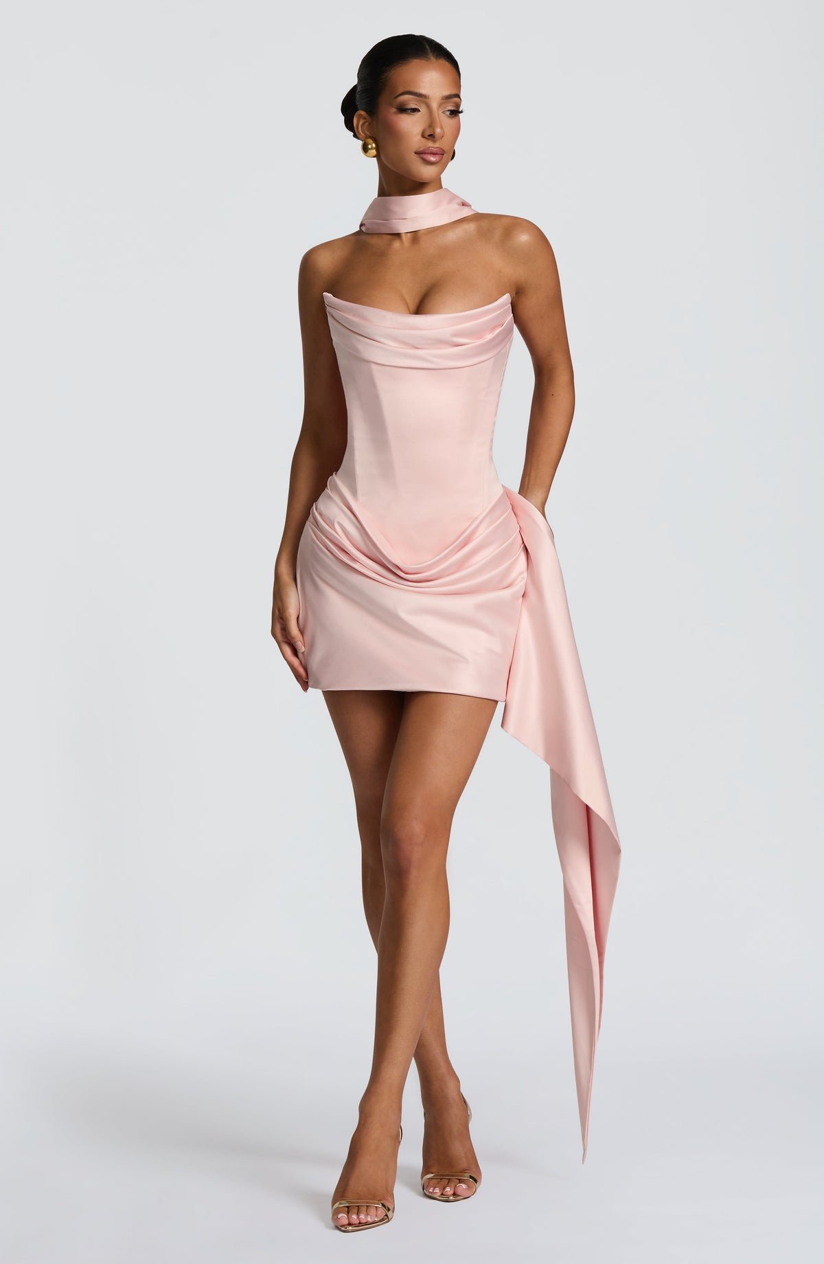 Satin Strapless Corset Draped Side Sash Mini Dress with Neck Scarf 6