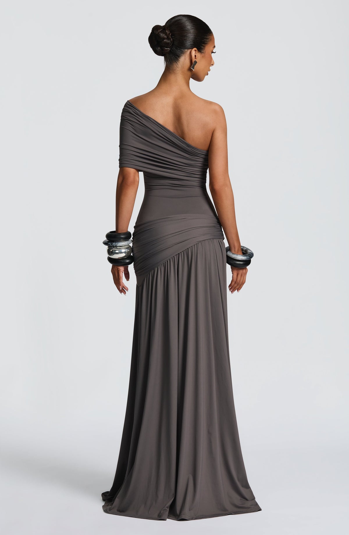 One Shoulder Ruched Asymmetric Waist High Split Maxi Dress 4