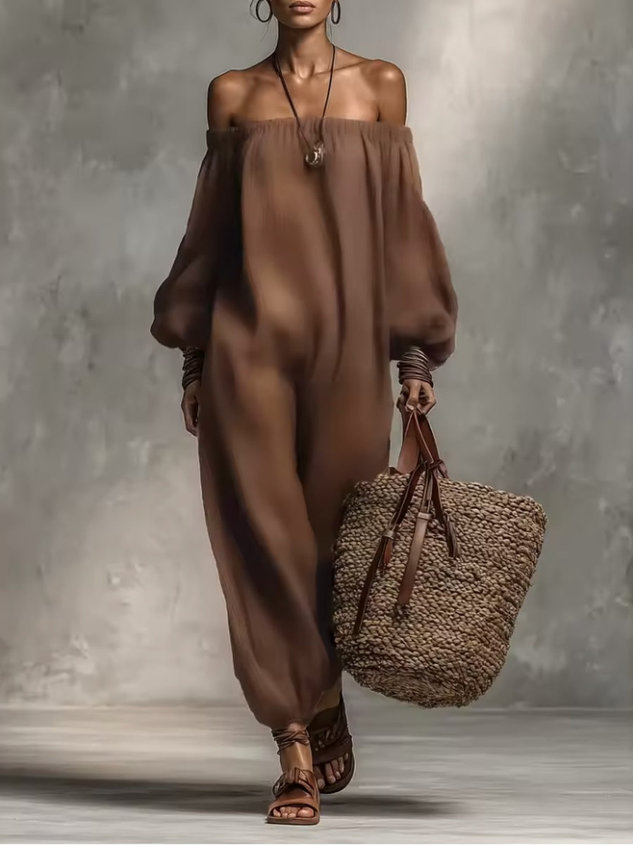 Off Shoulder Long Puff Sleeve Wide Leg Jumpsuit