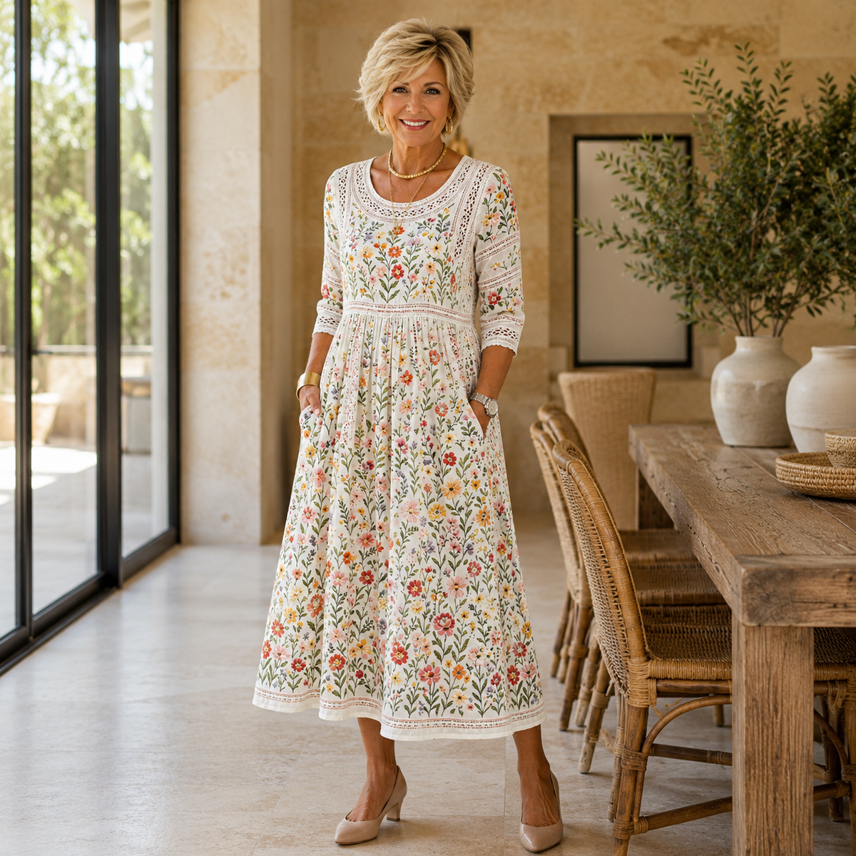 Floral Scoop Neck Crochet Trim Maxi Dress