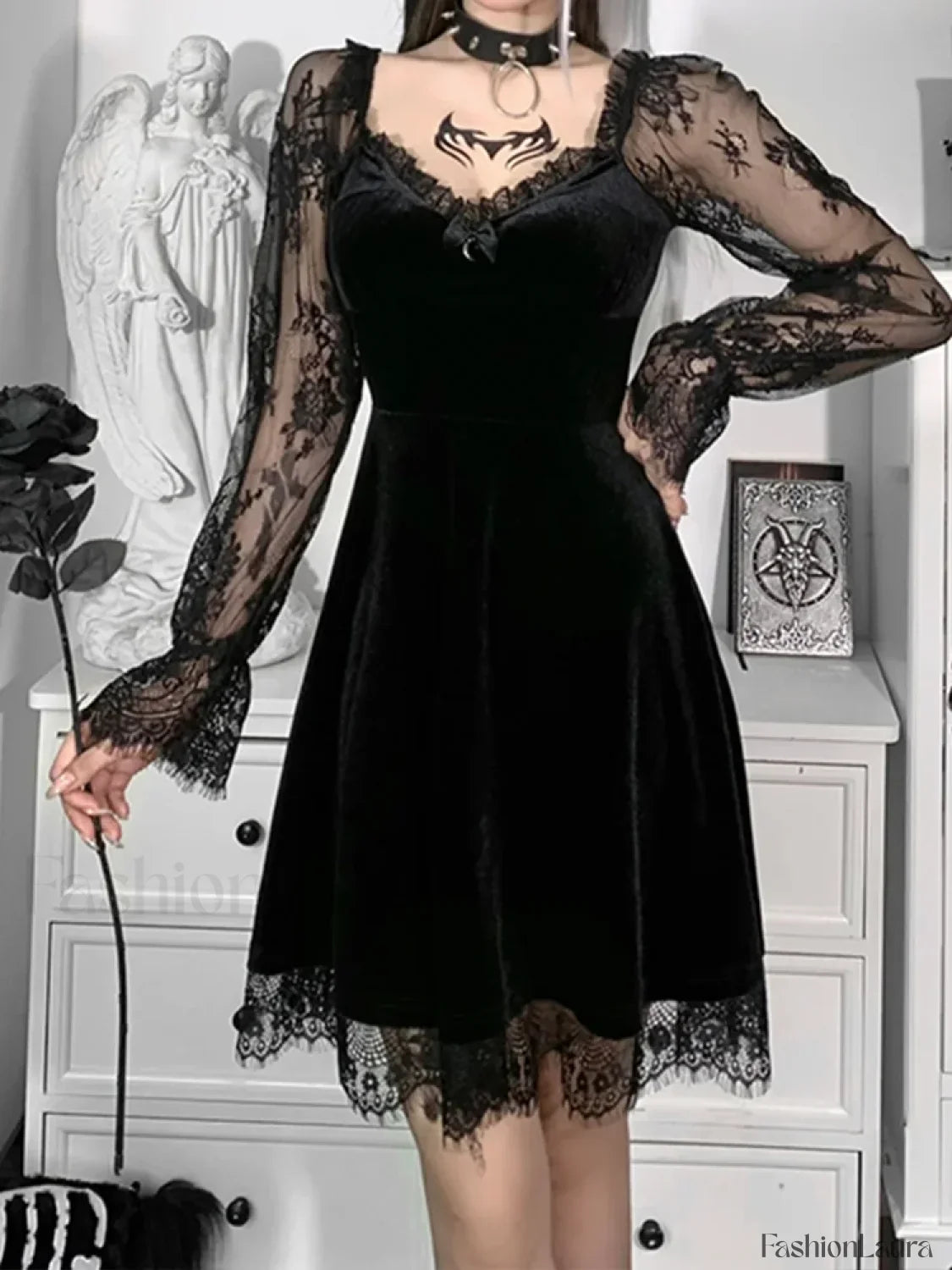 Moon Sexy Black Grunge Dark Neck Aesthetic Vintage Mini Long Sleeve Autumn Dress