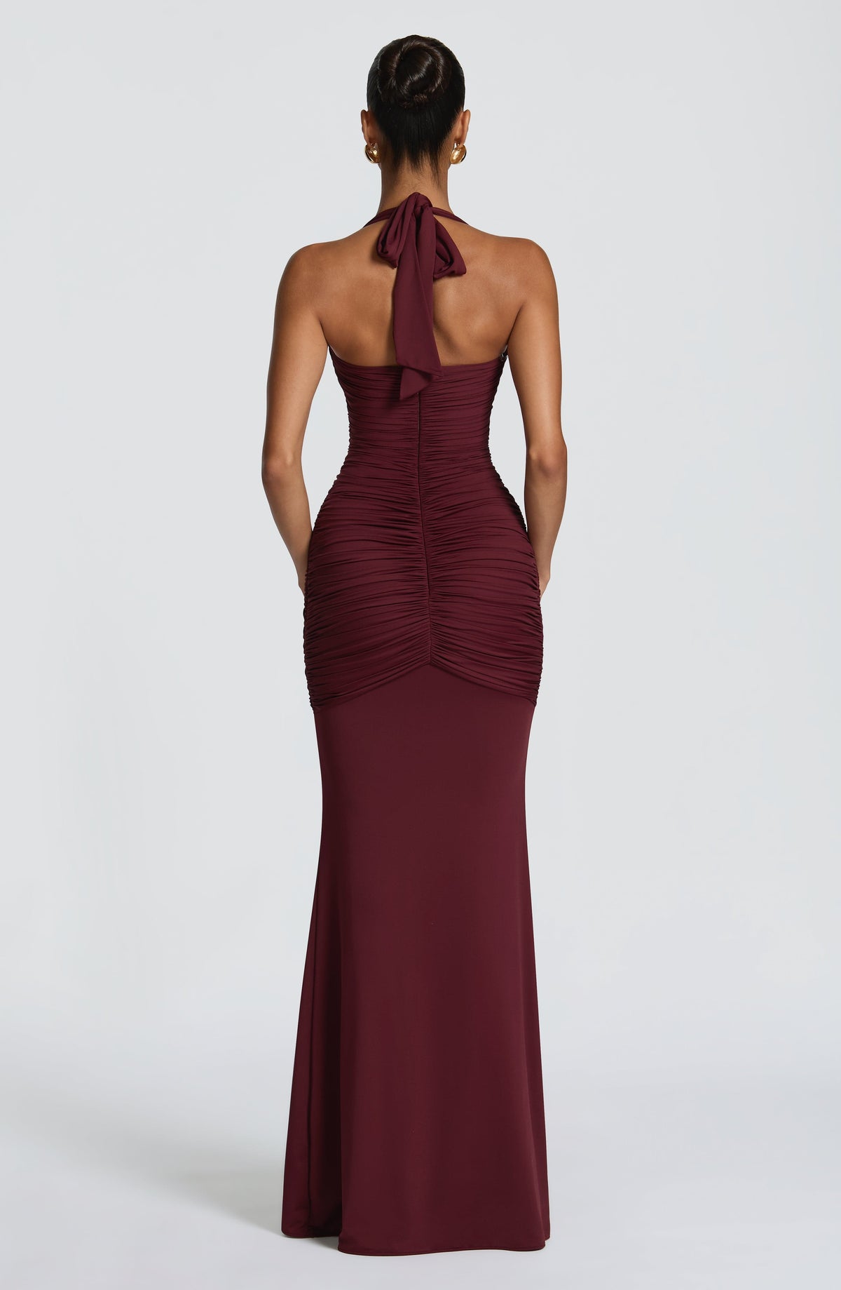 Halter Plunge Neck Ruched Bodice Drape Front Maxi Gown 2