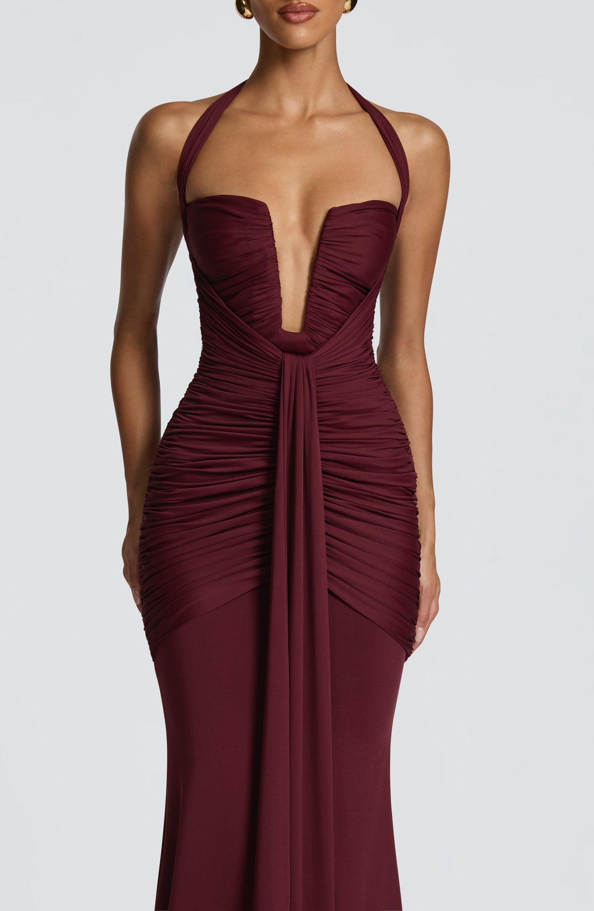 Halter Plunge Neck Ruched Bodice Drape Front Maxi Gown 5