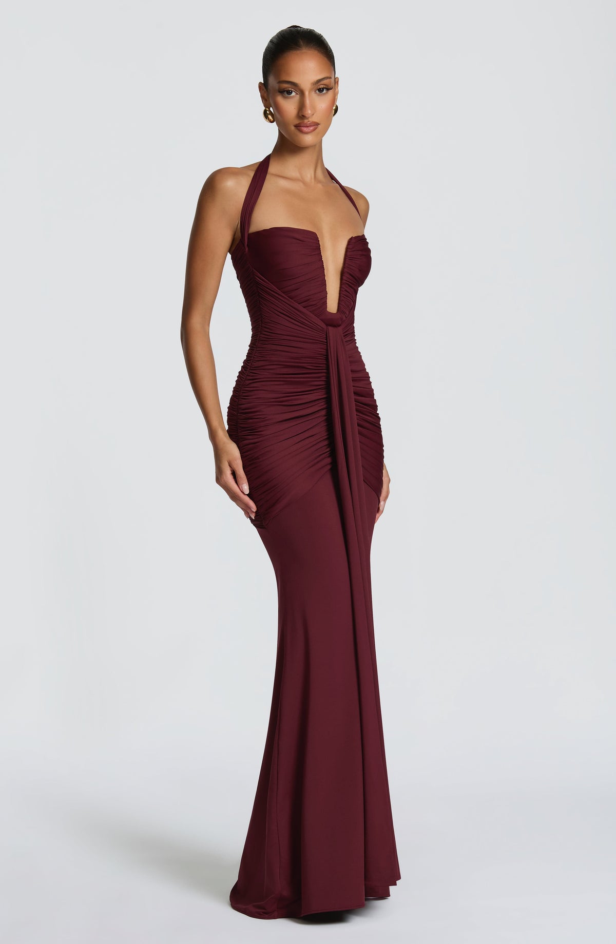 Halter Plunge Neck Ruched Bodice Drape Front Maxi Gown 3