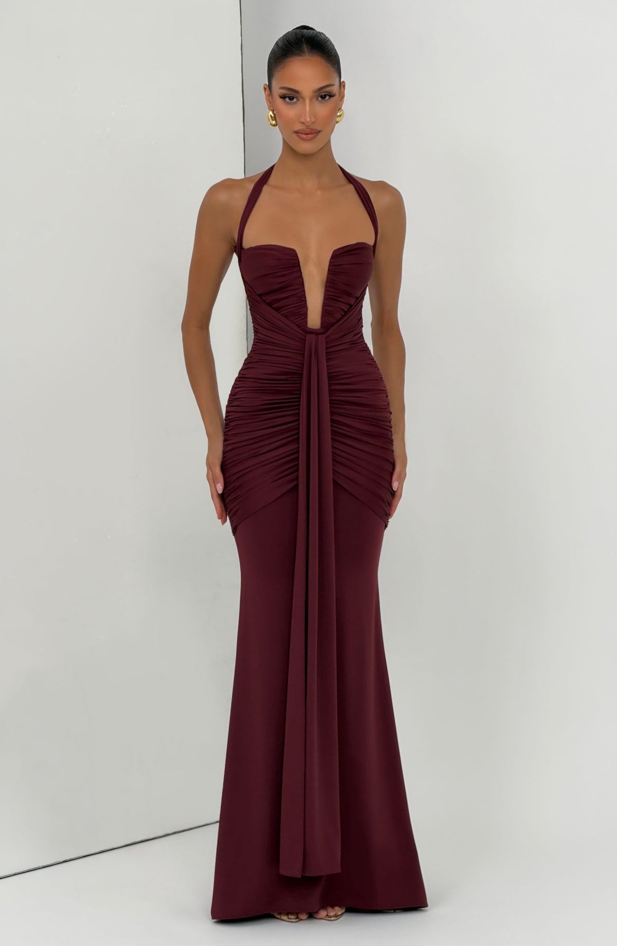 Halter Plunge Neck Ruched Bodice Drape Front Maxi Gown 6