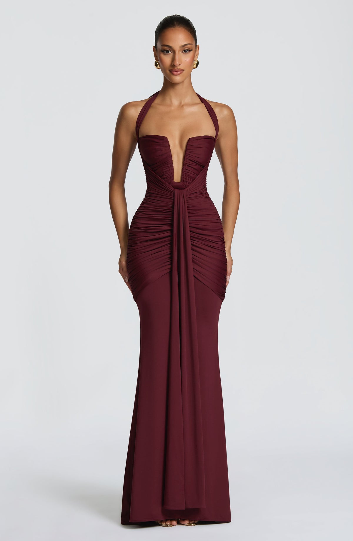 Halter Plunge Neck Ruched Bodice Drape Front Maxi Gown
