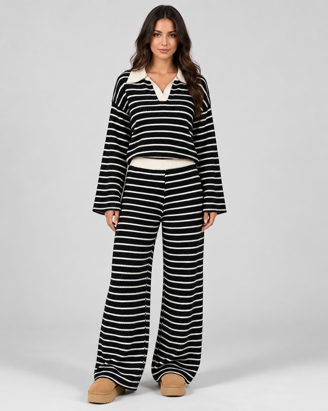 Striped Knit Polo Top and Wide Leg Pants Two Piece Set
