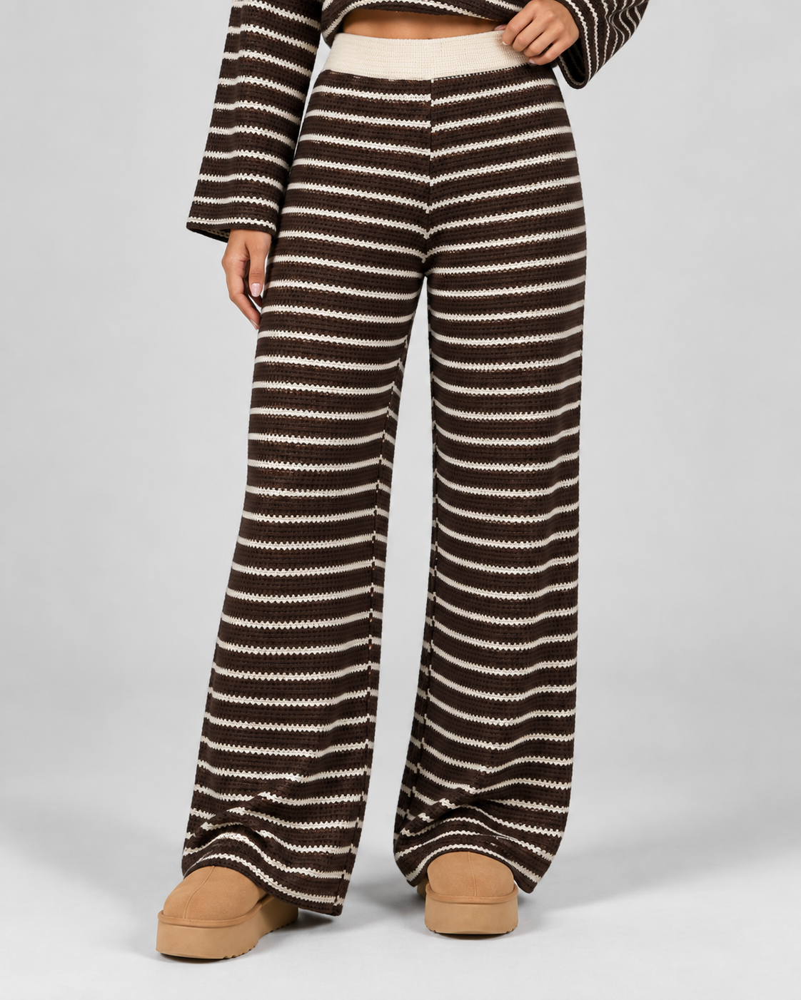 Striped Knit Polo Top and Wide Leg Pants Two Piece Set