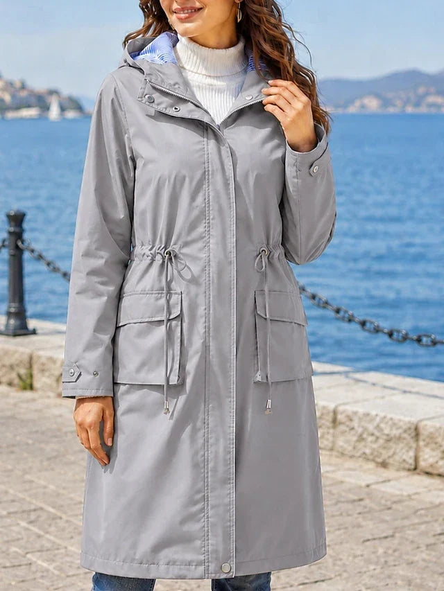 Hooded Drawstring Waist Longline Rain Jacket