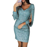 Sequin V-Neck Long Sleeve Fringe Bodycon Mini Dress 4