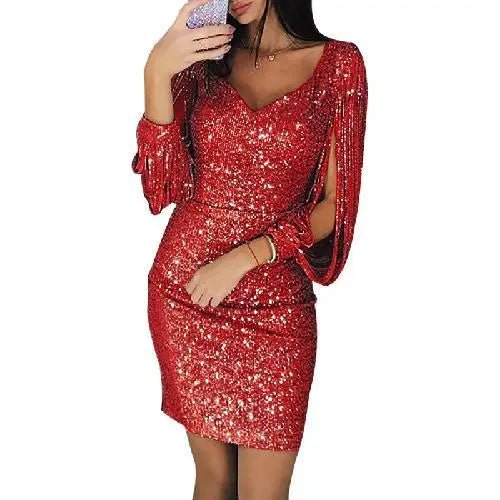 Sequin V-Neck Long Sleeve Fringe Bodycon Mini Dress 2