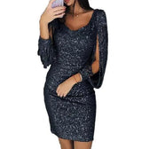 Sequin V-Neck Long Sleeve Fringe Bodycon Mini Dress 3