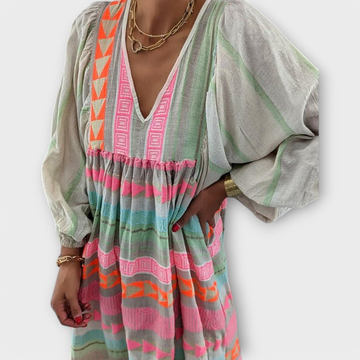 Embroidered Stripe V-Neck Long Sleeve Tiered Maxi Dress