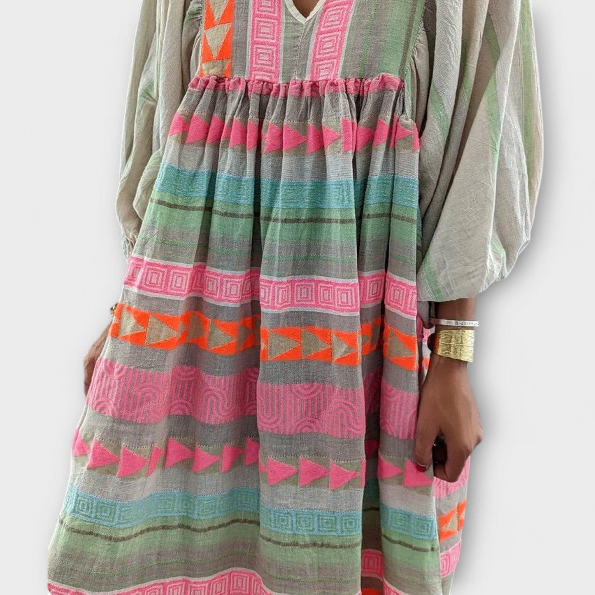 Embroidered Stripe V-Neck Long Sleeve Tiered Maxi Dress