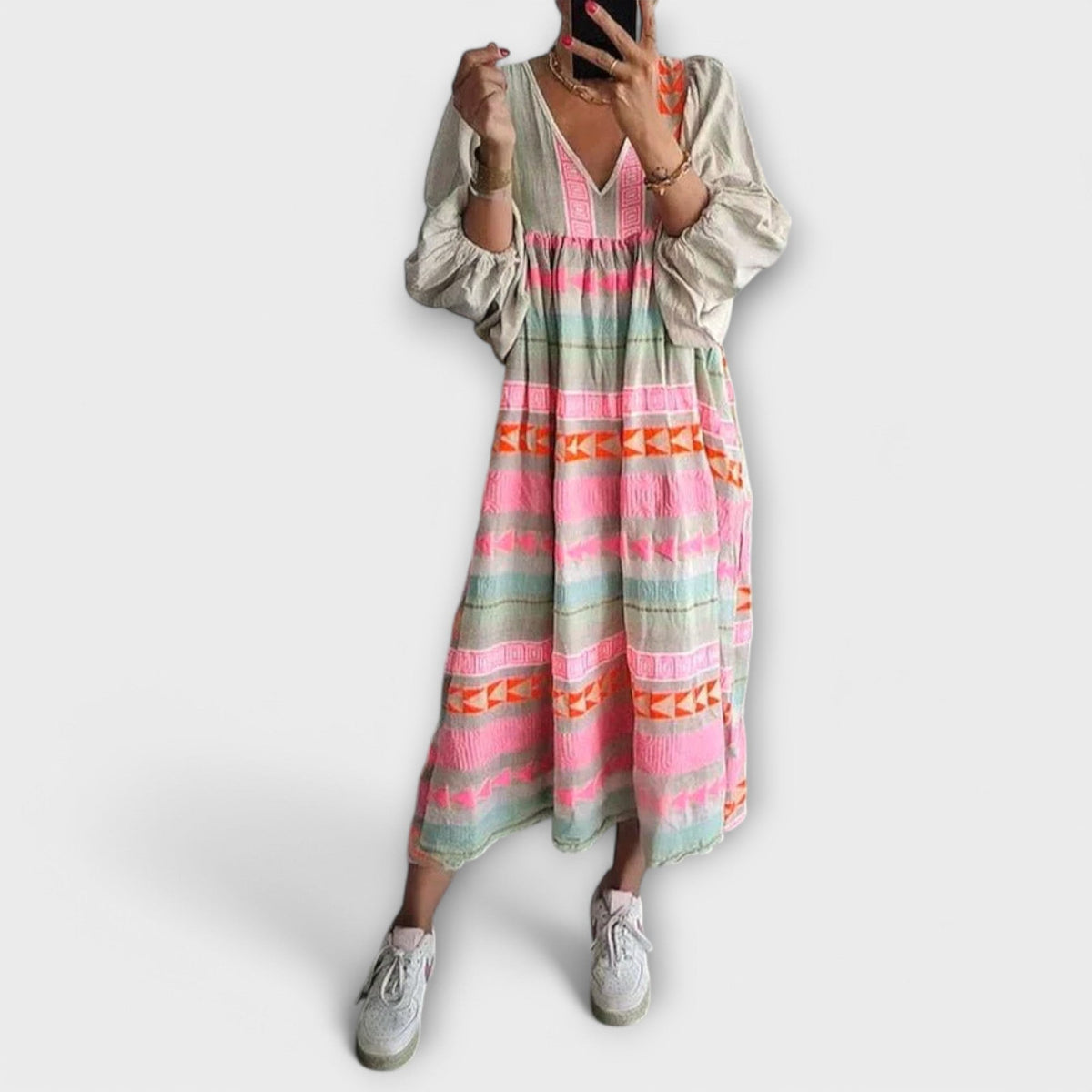 Embroidered Stripe V-Neck Long Sleeve Tiered Maxi Dress