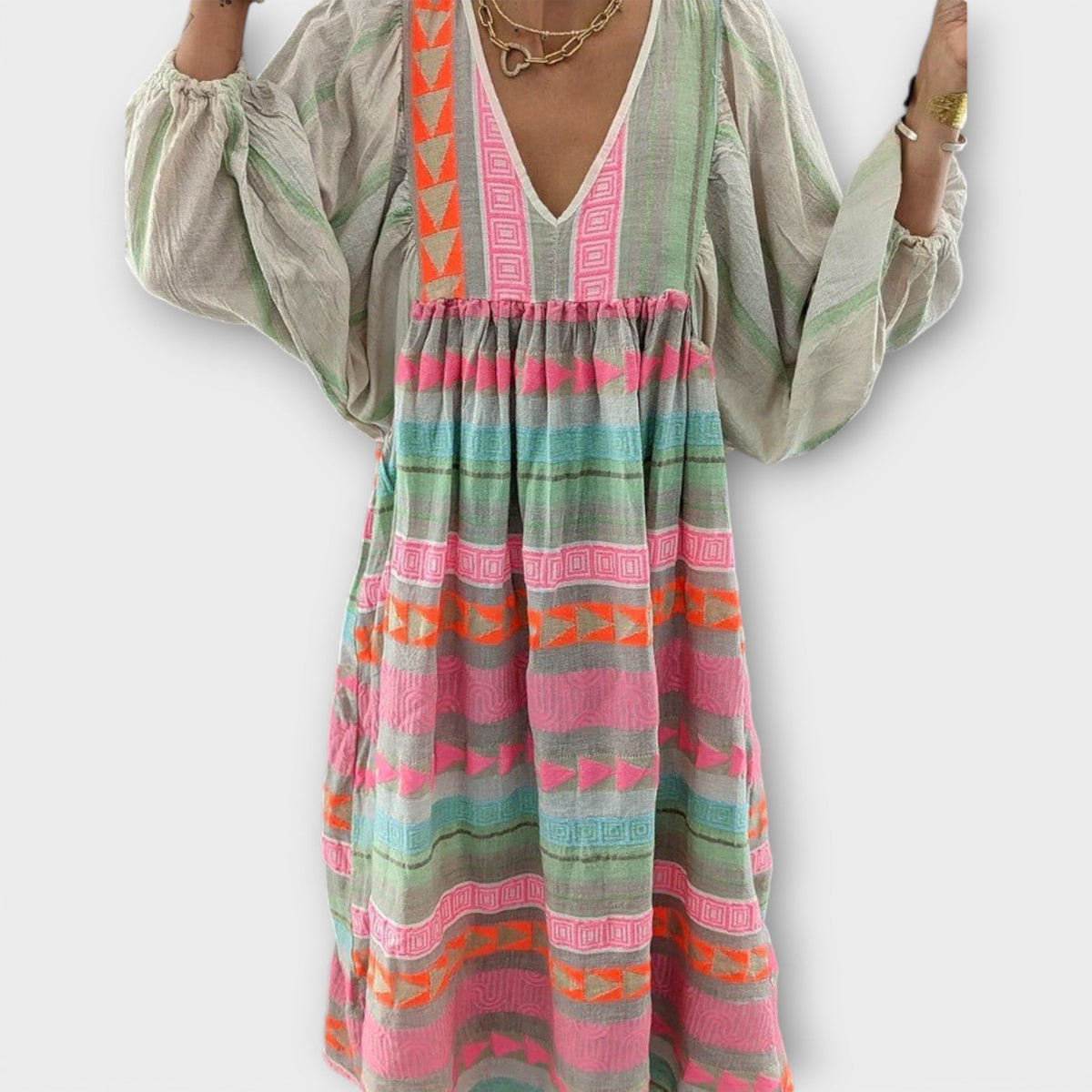 Embroidered Stripe V-Neck Long Sleeve Tiered Maxi Dress