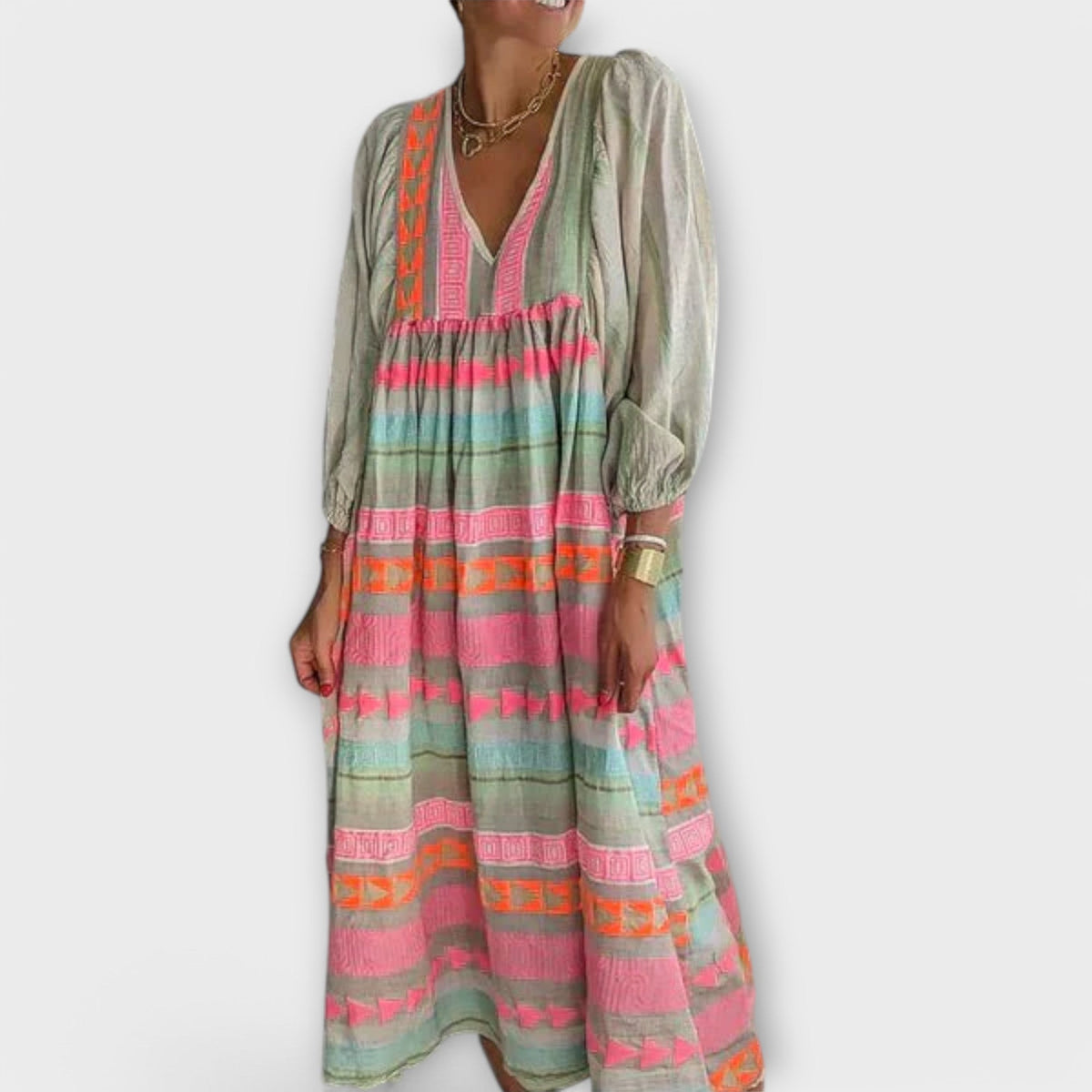 Embroidered Stripe V-Neck Long Sleeve Tiered Maxi Dress