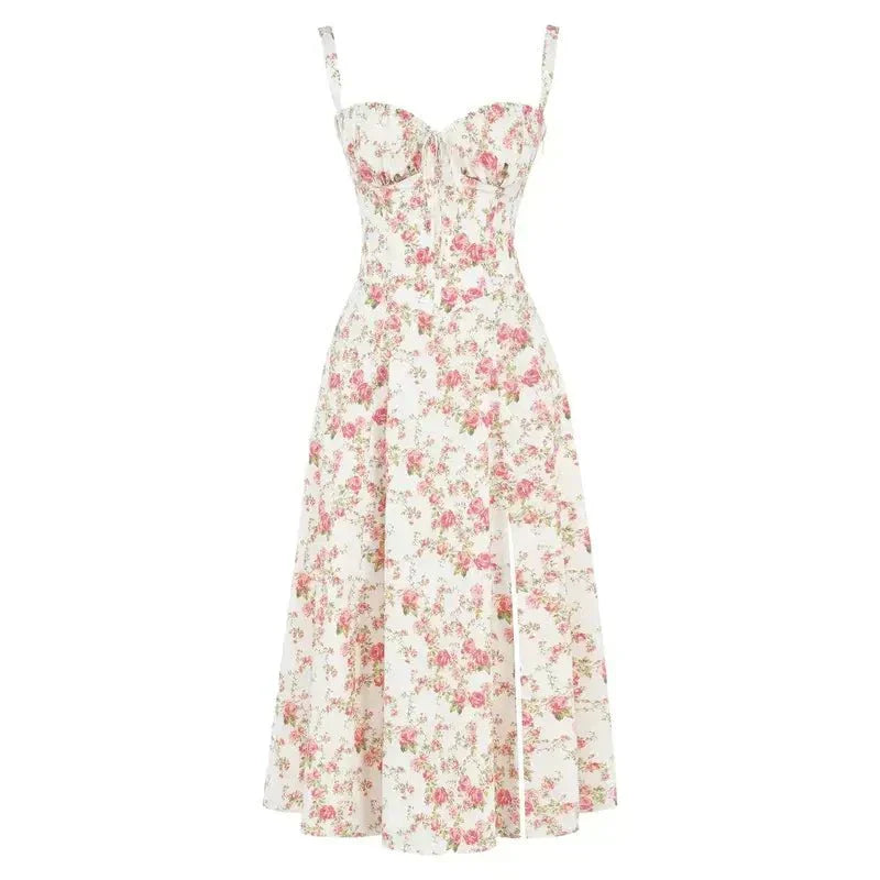Floral Sweetheart Corset High Split Midi Dress 19