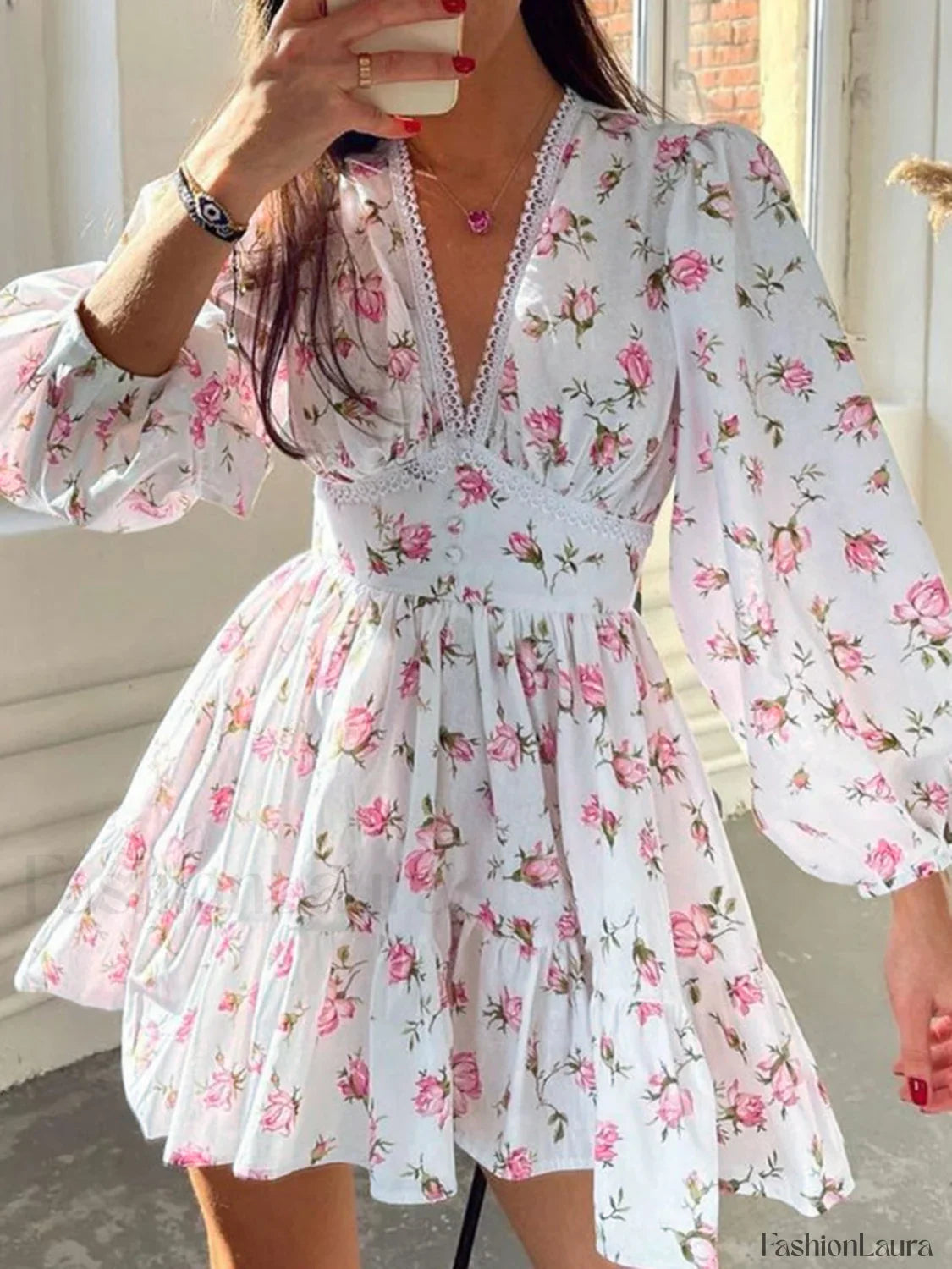 Multi Floral Lace Trendy Trim Short Dress