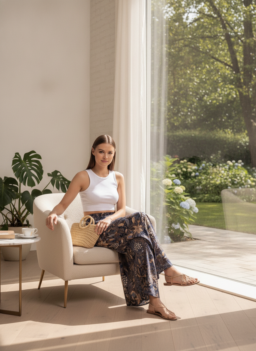 Multi Wide Leg Pants Floral Print Shirred Viscose