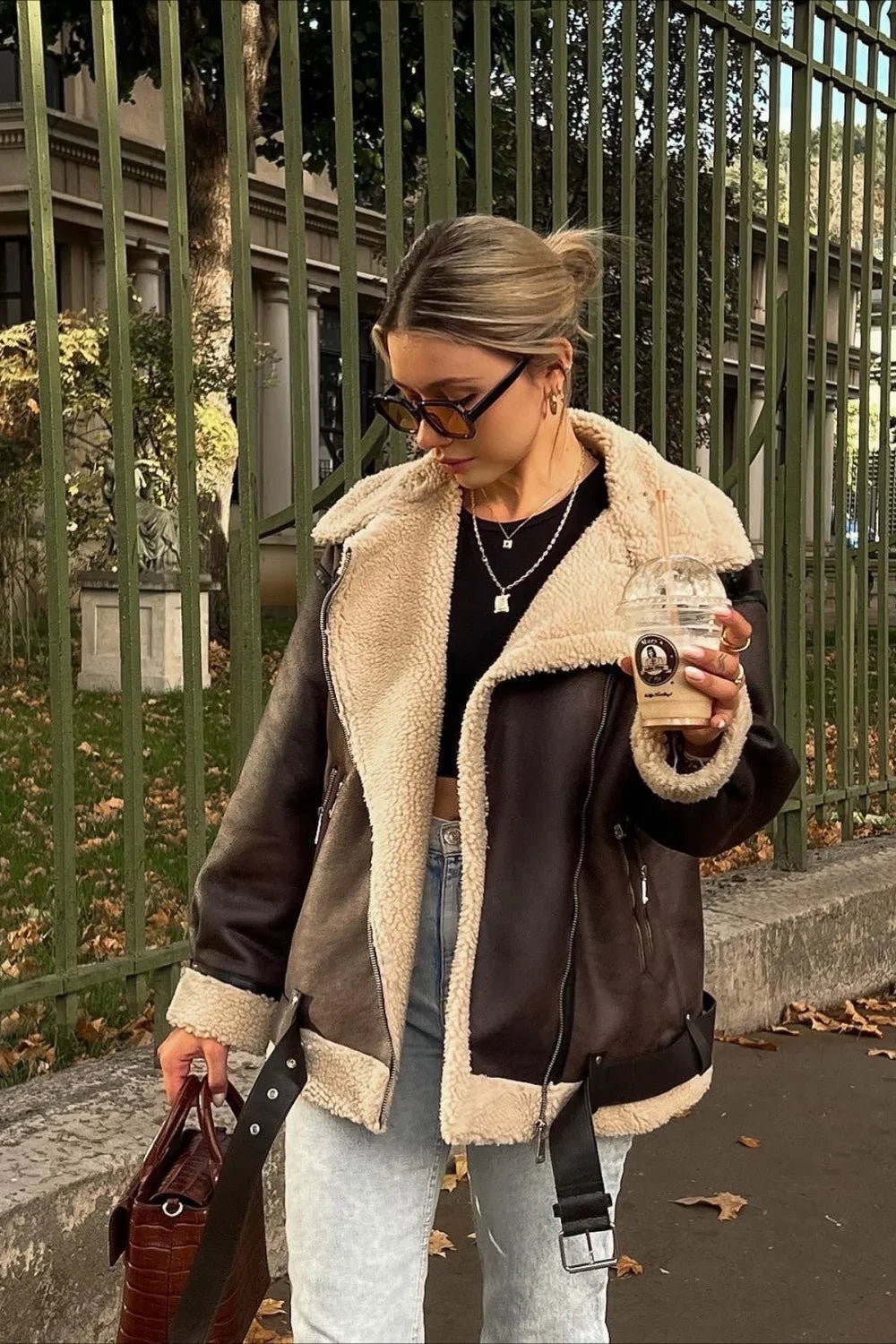 Multi-Zip Faux Shearling Longline Jacket